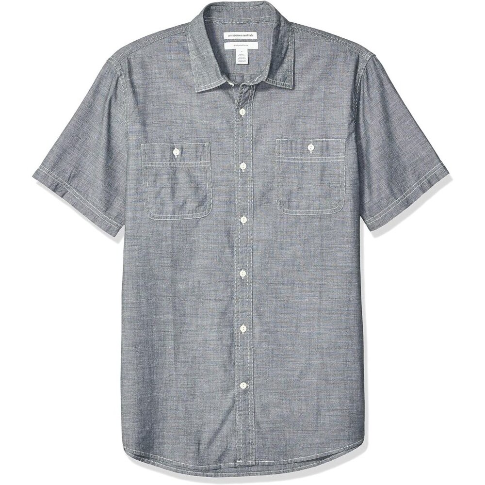 Men's Grey Regular Fit Short-Sleeve Poplin Shirt Round Wardrobe Staple